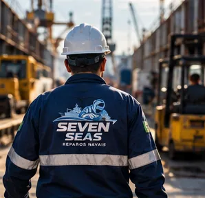 Técnico da Seven Seas de costas no estaleiro, com o logo no uniforme