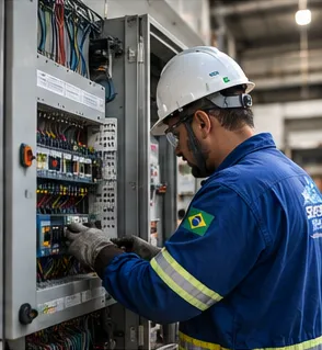 Técnico da Seven Seas fazendo medições em um painel elétrico
